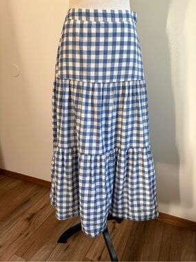 GAP 100% Cotton Tiered Maxi Skirt Blue Gingham Print Size 6
